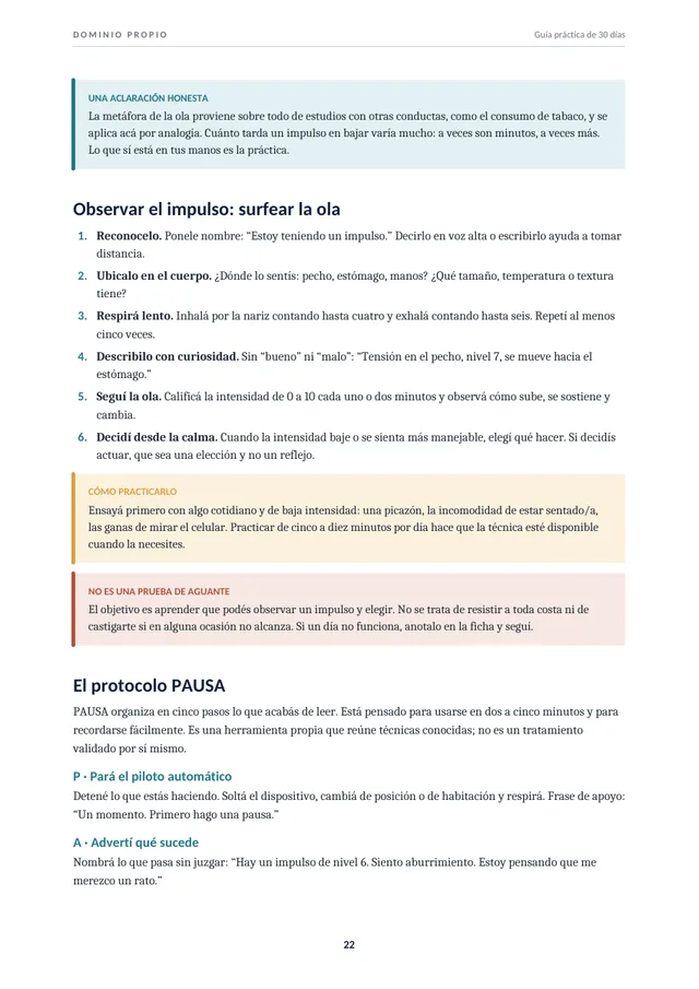 Página de la guía sobre observar el impulso y el protocolo PAUSA