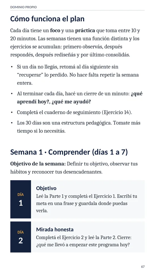 Página del plan de 30 días con un foco y una práctica por día