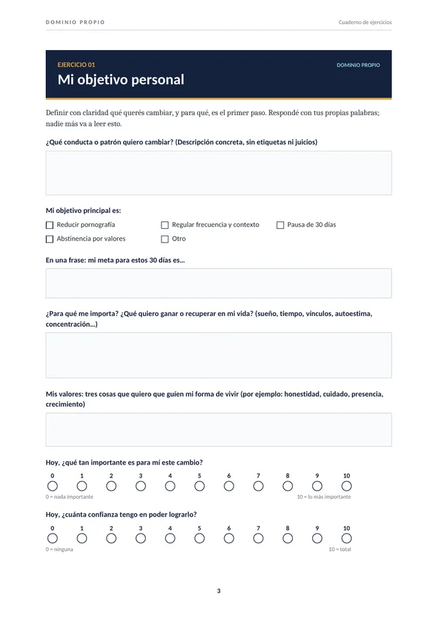 Ejercicio 1 en el cuaderno A4, con escalas de importancia y confianza