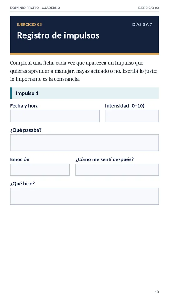 Ficha del registro de impulsos con fecha, intensidad, qué pasaba y qué hice