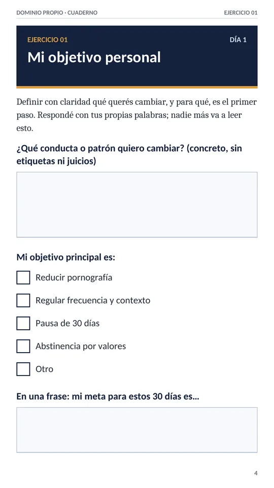 Página del Ejercicio 1, Mi objetivo personal, con campos para completar en el celular