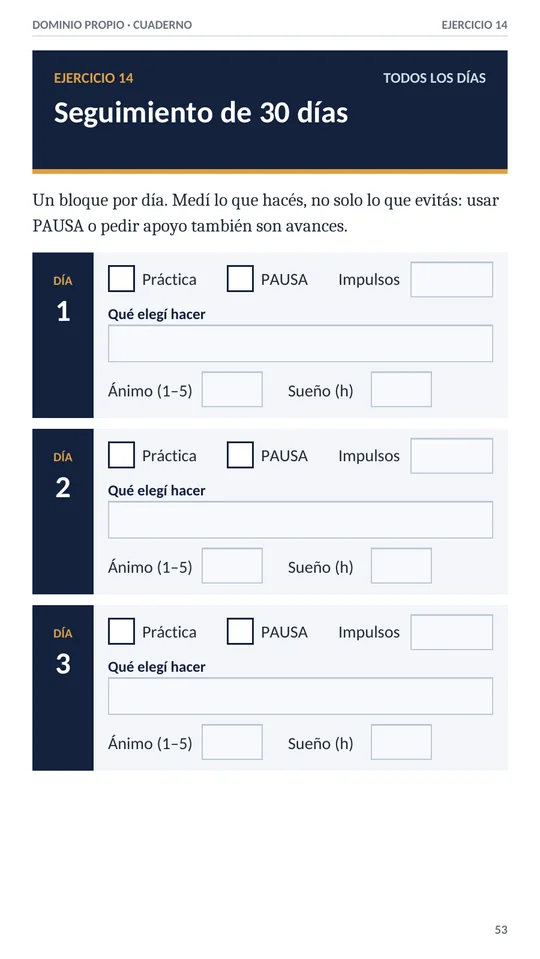 Página de seguimiento diario con casillas de práctica y PAUSA, impulsos, ánimo y sueño